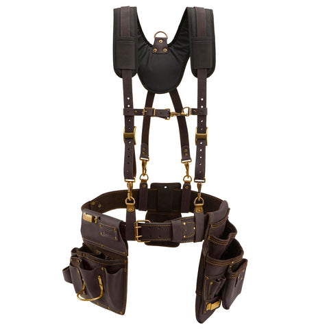 OX Tools Pro Oil-Tanned Leather Tool Rig with Padded Suspenders - Drywall Tool Belt with Drywall Tool Pouch Set - Contractor Framing Pouch Tool Belt