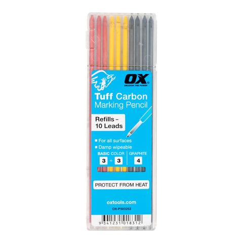 OX TOOLS Tuff Carbon Marking Pencil Replacement Lead 10-Pack | Red, Yellow & Graphite Lead - OX Tools